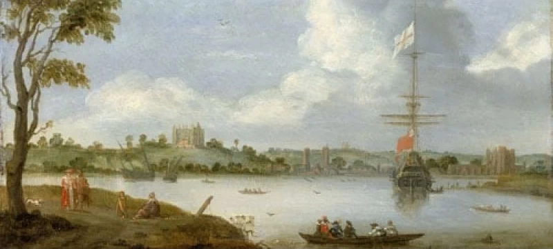 Palazzo di Greenwich visto da nord - est, con una nave da guerra, National Maritime Museum, Greenwich